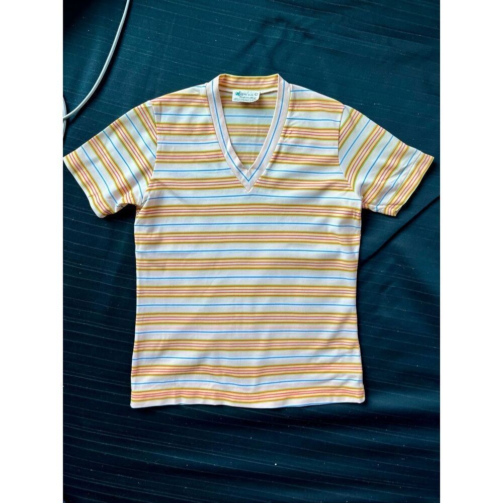 VTG 70s Kmart Striped Nylon V-Neck Top Retro Rib Knit L